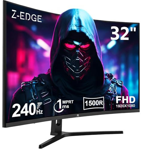 Z-Edge Ecran Pc Gamer Incurvé 32'' 240 Hz, 1ms, FreeSync, 1080P, Moniteur Gaming Lunette Ultra Fine, 1500R VA, Inclinaison Réglable, 2*HDMI2.0 & 2*DP1.4, RGB Lumière Respiratoire (Câble HDMI Inclus)