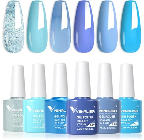 VENALISA Gel Nail Polish 6 Colors Set Light Sky Ocean Glitter Blue Soak Off 7.5ml UV Gel Classic Nail Art Manicure for Holiday