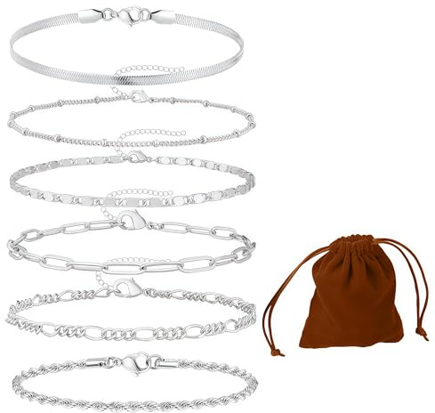 JCUGSBS 6 Pcs Ketten Armbander für Damen Armband silber 925 damen Damen Twist Kettenarmbänder Verstellbar Modeschmuck Armbander Set Armbander für Damen Mädchen (silber)