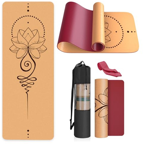 Haninj® Yogamatte Kork – Rutschfeste Yoga Matte, Einzigartiges Design, Naturkautschuk TPE Gymnastikmatte, Trainingsmatte mit Tragetasche & Gurt, für Zuhause, Pilates, Aerobic Fitnessstudio und Workout
