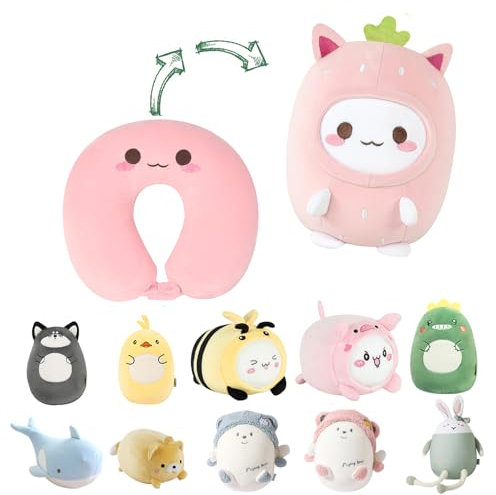 JOYRAVO Kinder Reisekissen 2-in-1 verformbares Nackenkissen, weiches U-förmiges Kissen mit niedlichen Plüschtieren, gemütlicher Schlaf- und Spielbegleiter für Flugzeuge und Reisen (Erdbeere)