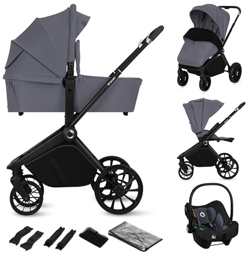 LIONELO Mika Plus 3-i-1 Barnvagn med Liggdel Sittdel & Bilbarnstol i-Size, Terränghjul, Sufflett UPF50+, 5-punkts Bälte, Justerbart Ryggstöd & Fotstöd, Hopfällbar, Upp till 22kg, Inkl Tillbehör, Grå