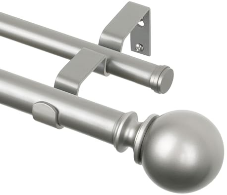 KAMANINA Silver Double Curtain Rods for Windows 66 to 120 Inches (5.5-10 Feet), 1 Inch Adjustable Heavy Duty Drapery Rod, Telescoping Dual Curtain Rod with Round Finials