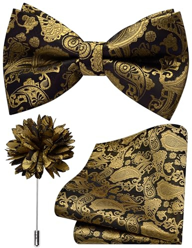 Branduce Paisley Black Gold Bow Tie Set for Men Wedding Silk Bowties Pocket Square and Lapel Pin Brooch Set (BB11-44)