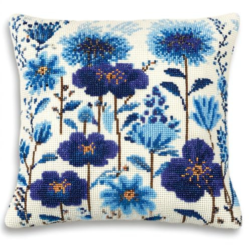 Hdfvlfdsa Punto Croce Kit Da Ricamare Cuscini Kit Per Punto Croce Con Fili Aghi E Tela Fiori Blu 45X45Cm Prestampato Set Per Cuscino Cuscino Fai Te Con Ago Ricamo E Filo Da Ric Pillow Cross Stitch
