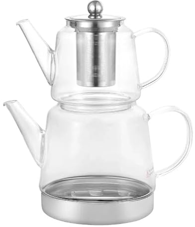 Unique Borosilicate Glass Teapot Set | Heat-Resistant Turkish Tea Maker with Stainless Steel Infuser and Metal Base | 2.1 lt Total Capacity, Drip-Free Spouts, Clear Glass Samovar Style