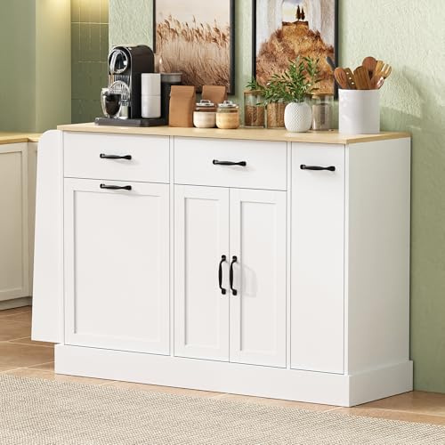 Generisch Aparador blanco 133,5 x 40 x 86 cm con compartimento para basura y especias, armario buffet con cajones para cocina, comedor, salón, de MDF, placa de cubierta, capacidad de carga 60 kg