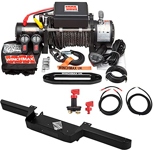 Winchmax. Cabrestante de Grado Militar 13500 lbs / 6123 kg 12V. Parachoques del Defensor. Cuerda de Dyneema de 28 MX 11 mm. Gancho de competición. Fairlead. 2 mandos a Distancia.