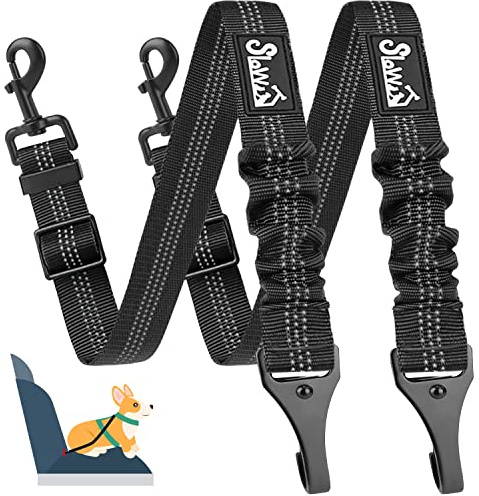 SlowTon Dog Seat Belt, 2 Packs Latch Bar & Isofix Dog Car Harness Seatbelt with Anti-Shock Elastic Bungee Buffer for Small Medium Large Dogs, Adjustable Reflective Pet Car Restraint Safety Belt Tether