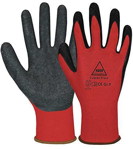 10 Paar Hase Superflex Arbeitshandschuhe mit Latexbeschichtung, Rutschfeste Gartenhandschuhe, Angenehmer, Ideal für Handwerk, Gartenarbeiten, Industrie Rot Gr. XL (10)
