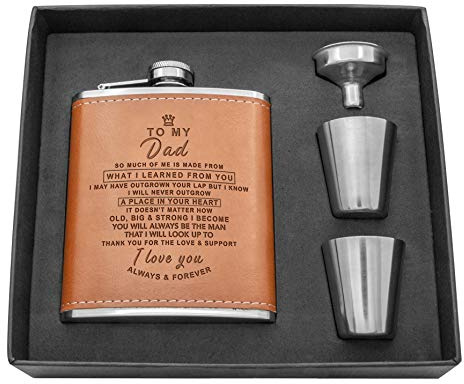 Personalized Flask Set Father's Day Gift for Dad - Engraved Hip Flasks Gift for Dad - Stainless Steel with Leather Flask for Dad, Birthday Christmas Gift for Dad