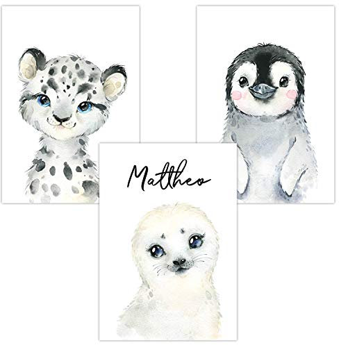 Olgs Wandbilder 3er Set personalisiert für Babyzimmer Deko | Kunstdruck DIN A4 | Dekoration Kinderzimmer Poster mit Namen (WP04-3er Set Polar Baby Pinguin Seehund Schneeleopard)