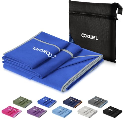 COKWEL Reisehandtuch Mikrofaser Handtuch 3 Stück-152x80cm/80x38cm/38x38cm - Schnelltrocknender Sporthandtuch, Saugfähiger Microfaser Handtücher für Fitnessstudio, Reisen, Strand, Yoga(Blau)