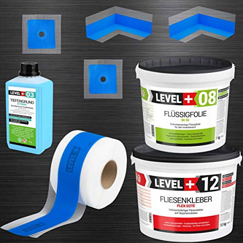 Dichtset Fliesen Flüssigfolie 7Kg Fertig Fliesenkleber 10Kg Tiefengrund 1L Dichtband 5M Innenecken x 2, Wandmanschetten x 2 Dusche Bad Küche SET503