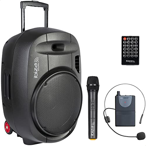 PORT15UHF-MKII - IBIZA - Tragbarer Lautsprecher 15/800W MAX mit 2 Mikrofonen (UHF), Fernbedienung und Schutztasche - Bluetooth, USB, SD - 5-7 Std. Wiedergabezeit