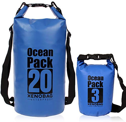 XENOBAG Wasserfeste Tasche 3 Liter o. 20 Liter/Dry Bag, klein/Ocean Pack 3l o. 20l/wasserdichter Beutel/Drybag mit verstellbaren Schultergurten u. Sicherheitsverschluss (Dunkelblau, 3 Liter)