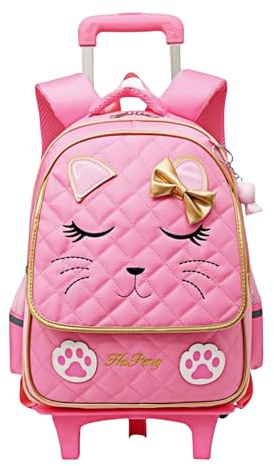 MITOWERMI Cute Rolling Backpack for Girls Trolley School Bags Cat-face Bowknot Girls Roller Backpacks with Wheels Kids Carry-on Travel Luggage Pink-2 Wheels