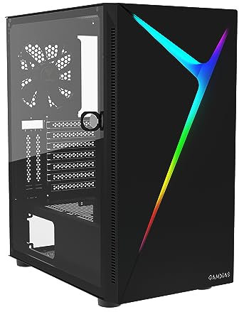 GAMDIAS ARGUS E4 Elite Gaming-PC-Gehäuse, Mid-Tower-ATX-Gehäuse, linke gehärtete Glasscheiben mit Schwingtürdesign, 1 integrierter 120-mm-ARGB-Lüfter hinten, RGB-Streaming-Beleuchtung, unterstützt ATX