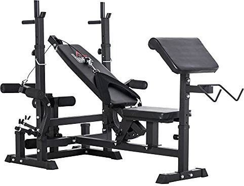 HOMCOM Weight Bench, 6 in 1 Adjustable Bench Press with Leg Extension, Barbell Rack, Preacher Curl Pad, Resistance Band, Multi-Function Home Gym Equipment for Strength Training Weightlifting