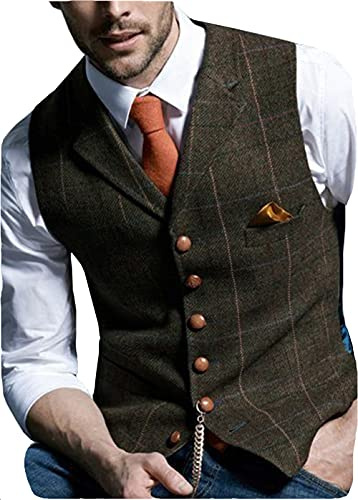 Retrofrack för män, väst, pläd, ullväst, ledig, tweed, fiskbensmönster för smoking, kaffe, L