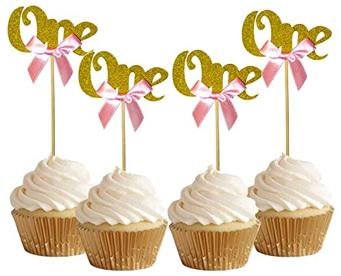 Bymivofun 24 Pezzi Glitter One Cupcake Toppers, Decorazioni per Cupcake 1° Compleanno, per Anniversario, Compleanno, Decorazioni per Feste per Bambini (Oro)