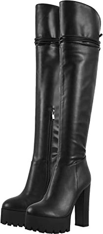 Only maker Damen Overknee Stiefel Schnürstiefel Plateau Boots Blockabsatz Runde Zehen Reißverschluss Lederoptik Schwarz 38 EU