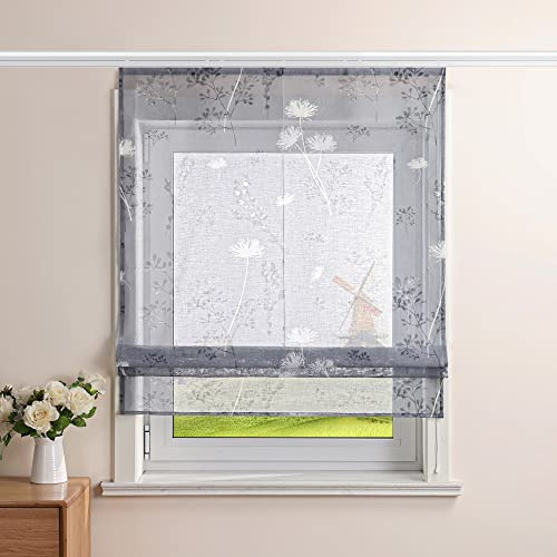 CORLIF Raffrollo mit Klettband Wohnzimmer Raffgardine Landhausstil Fensterschal Küchenvorhang Transparent Druckdesign BxH 140x140 cm Grau Chrysantheme Druck