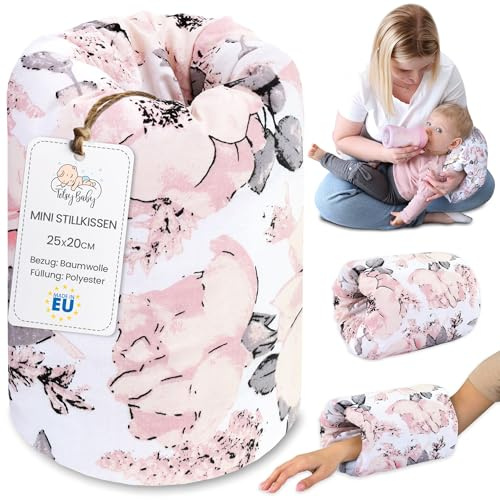 Stillkissen klein Breastfeeding und Nursing Pillow für unterwegs 20 cm - Stillmuff Armkissen und Lagerungskissen Baby Arm Still Kissen aus weicher Baumwolle Oeko-Tex Wilde Rose Weiß