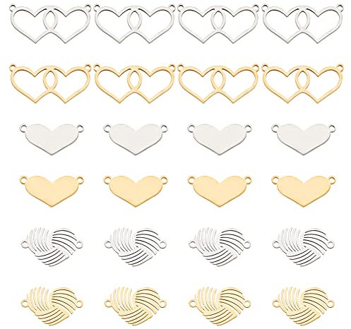 DICOSMETIC 24 Stück 3 Stile 2 Farben Herz Charme Edelstahl Paar Liebe Anhänger Vergoldet Und Platiniert Verbinder Charme Schmuckherstellung Dekoration Bohrung: 1.4mm