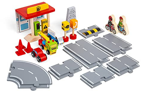 Bigjigs Rail Straßenfahrzeug-Zubehörset – 25-teiliges Holz-Autozubehör mit Fahrzeugen, Verkehrsschildern, Holzschienen & mehr, Rennstrecken für Jungen & Mädchen