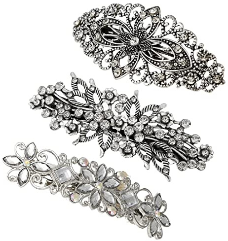LEEQ Vintage metall franskt hårspänne – 3 stycken, antik kristallhårklämma med strass, brud, bröllop, hårnålar, huvudbonader, smycken, hårtillbehör för flickor, kvinnor (silver)