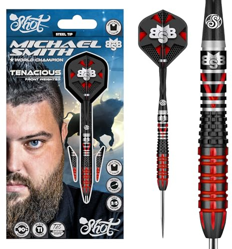 Shot! Steel Darts | Michael Smith Bully Boy Tenacious Matchdart | 90% Tungsten Steeltip Darts | Steeldart | Hochwertige Dartpfeile Set mit Schäften und Flights | Made in Neuseeland | 23 Gramm