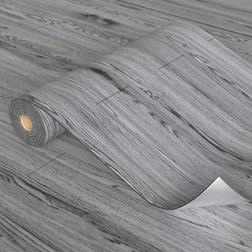 Homease PVC Bodenbelag Selbstklebend Verdickt (0.15cm) Holzmaserung Bodenaufkleber mit Textur, Verschleißfest, Wasserdicht, Holz Platte Vinylboden für Küche Wohnzimmer Balkon 0.6 x 3 M/1.8㎡ Dunkelgrau