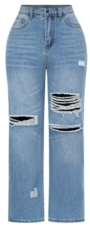 THUNDER STAR Womens High Waisted Wide Leg Jeans Stretchy Distressed Denim Pants Light Blue S