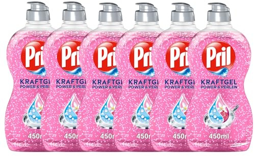 PRIL Kraft Gel Power & Perlen (6x 450 ml), Handgeschirrspülmittel mit hoher Fettlösekraft, für sauberes Geschirr mit brillantem Glanz und Frische-Boost