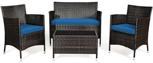 Goplus 4-Piece Rattan Patio Set, Outdoor/Indoor Wicker Conversation Set for Pool, Backyard, Lawn, Wicker Chairs and Sofa with Soft Cushion, Rattan Furniture with Tempered Glass Coffee Table