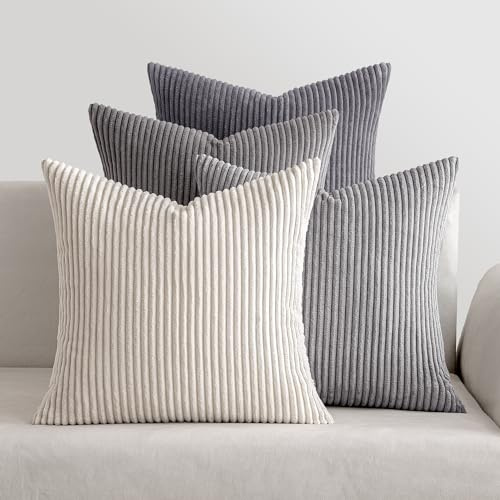 MIULEE Corduroy Cushion Covers Soft Decorative Square Throw Pillow Covers Cushion Soft Pillowcase Striped Pack of four for Home decor Sofa 45cm x 45cm,18x18 Inches Dark Grey Series