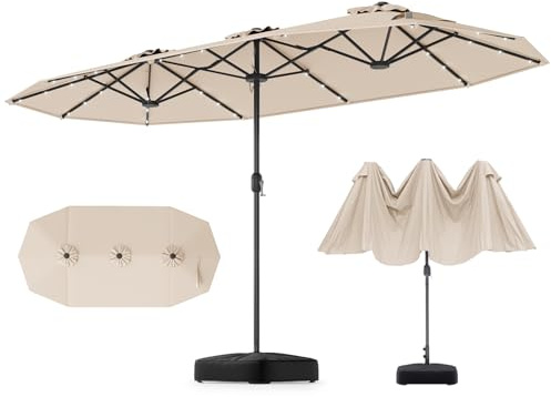 GOPLUS Grand Parasol de Jardin Exterieur avec Pied, 4M Parasol Rectangulaire Double Face pour 6 Personnes avec LED, Manivelle et Ventilation, pour Marché, Piscine, Terrasse, Balcon (Beige)
