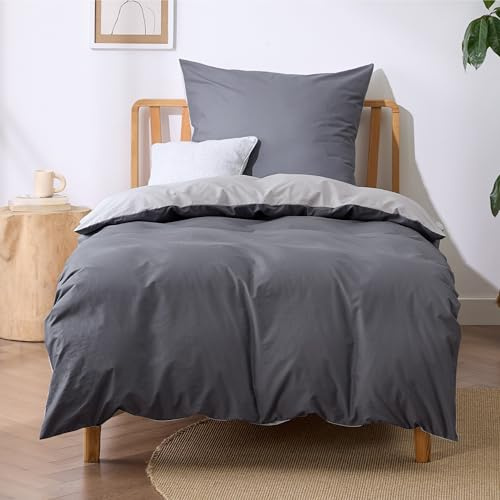 BEDSURE Bettwäsche 135x200 Baumwolle 2tlg. - Dunkelgrau/Grau 80x80 1 Kissen | 100% Baumwolle Bettwäsche-Sets mit Reißverschluss, OEKO-TEX Zert, Weich, Sicher, Atmungsaktiv, Hautfreundlicher Komfort