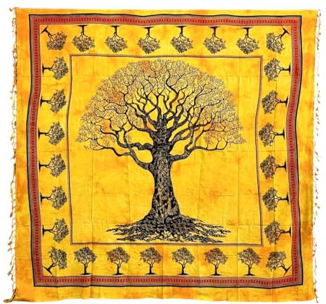 Seamar Großer Überwurf New Baum, Sofaüberwurf aus 100% recycelter Baumwolle mit Fransen, 210 x 230 cm, Strandtuch (Gelb)