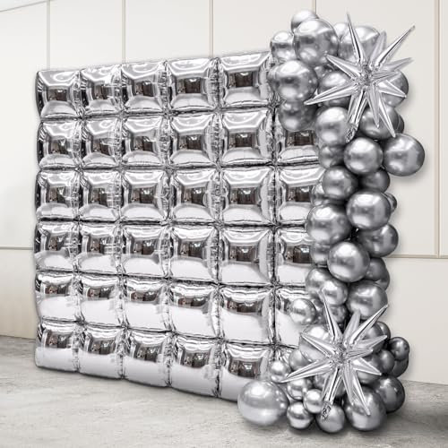 66pcs Silver Flat Square Foil Balloon Wall Backdrop Metallic Double Sided Silver Gold Balloon Garland Kit Background Tunnel Arch for Graduation Anniversary Birthday Engagement Disco Party Decorations