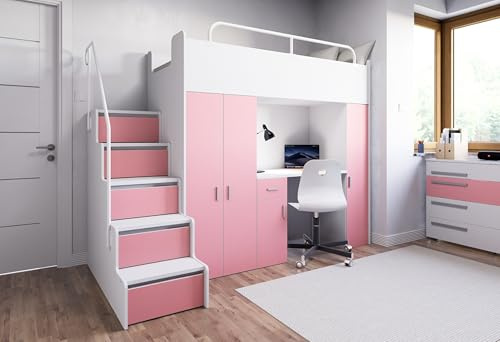 Marlux-Meble Hochbett Kinderbett JSM-5 80x190 mit Kleiderschrank Schreibtisch und Treppe Matt Etagenbett Stockbett Jugendhochbett (Rosa)