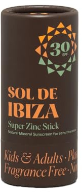Sol De Ibiza Plastic Free Stick - Protector Solar Mineral SPF30 - Cara & Cuerpo - Ingredientes Naturales - Óxido de Zinc Non Nano - Zonas sensibles - Vegano - Textura suave - Deportes montaña - 45g