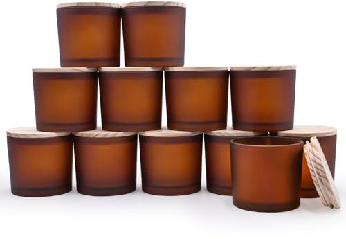 SHOWIN Dicke Kerzengläser zur Herstellung von Kerzen, leere bernsteinfarbene Gläser mit Holzdeckel, für Gewürzgläser, Probenbehälter, Milchbraun, 340 ml, 12 Stück