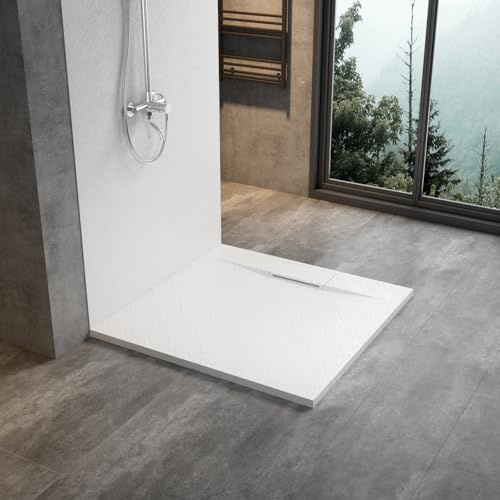 WITEN&NOCK flache SMC Duschtasse 100x100cm Steinoptik Anti-Rutsch 32mm weiß | Ø90mm DIN-Anschluss, bruchfest, Vielseitige Montage, hygienisch, einfach zu reinigen für Duschkabine Duschwand