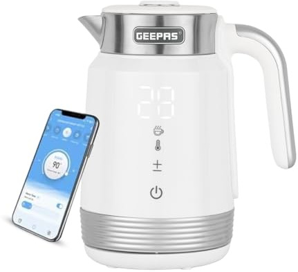 GEEPAS Digital Electric Kettle | 1.7L Wifi Tuya Smart App Control Alexa Google Voice Compatible Digital Display Auto Shut Off Cool Touch Stainless Steel Strix controller | 2 Year Warranty 2200W White