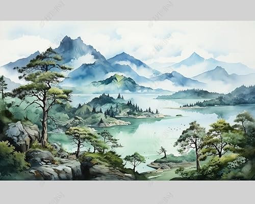 MZOwallpaper Papier Peint Intissé Encre De Chine Paysage Naturel Poster Tableaux Muraux Tapisserie Photo Trompe L'Oeil Salon Chambre Art Mural 400Cm(L) X280Cm(H)