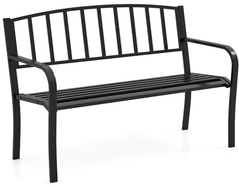 FANTASK Gartenbank Metall, 127 x 59 x 85,5 cm, Parkbank für 2-3 Personen, Gusseisenbank mit Rückenlehne und Armlehnen, Metallbank, Langlebig, Leicht zu reinigen, Schwarz