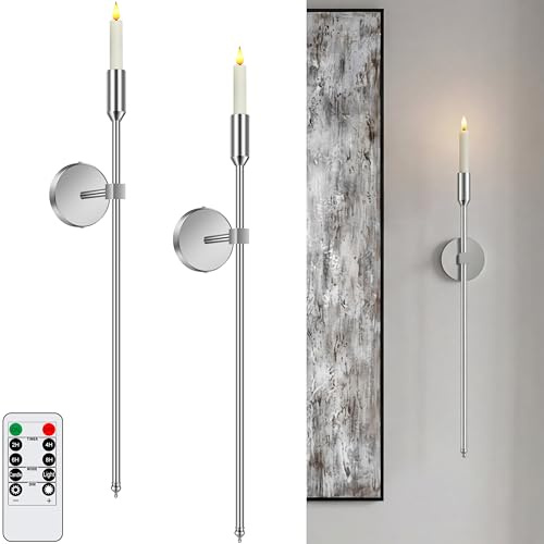 Lumpro 27-inch Large Wall Candle Sconce with Remote Controlled Flameless LED Taper Candles, Set of 2, Wall Mounted Candle Holder, Modern Chic Home Decor for Living Room, Entry, Porch, Hallway (Chrome)
