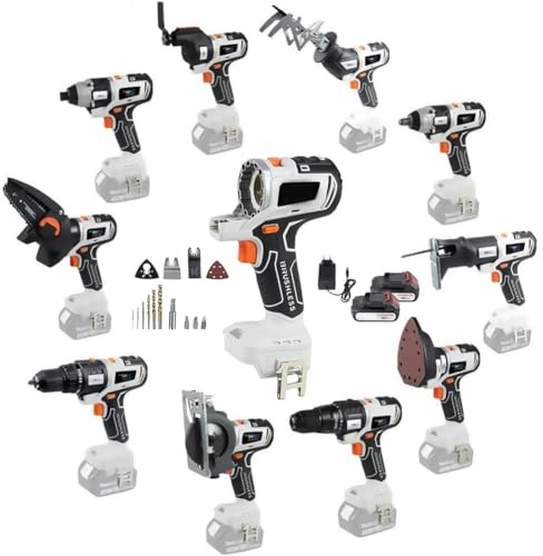 Kit combinato di utensili elettrici senza fili, 10 in 1, multifunzione, per la lavorazione del legno, design senza spazzole, include 2 batterie da 4,0 Ah e cassetta degli attrezzi per progetti fai da